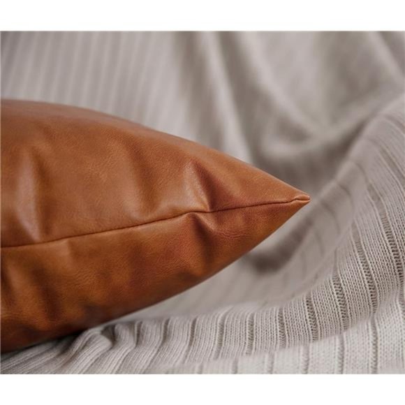 Faux Leather Throw Pillow Covers,18 x 18 inch Set of 2 Thick Cognac Brown Modern - Picture 3 of 5
